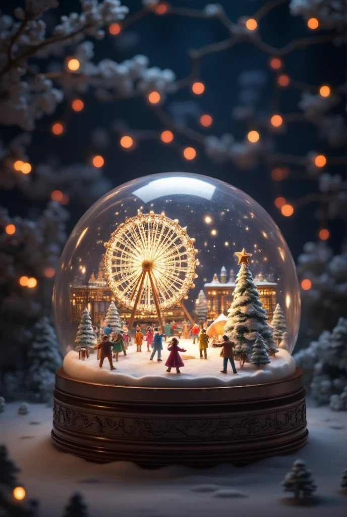 Snowglobe featuring Santa in a hot tub, surrounded by relaxed reindeer wearing sunglasses, sipping cocoa under a snowy forest sky.