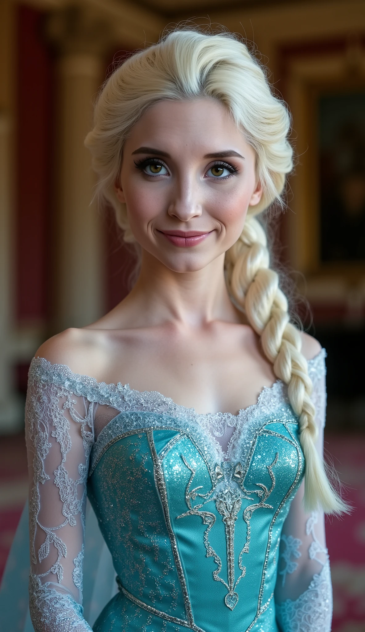 A stunning portrait of piper perri as Elsa smiling , she is sexy , queen of arendelle, young and beautiful, hyper realistic, real portrait, backlit, exquisite features, cleavage, sexy, seductive, interior or an ornate castle ballroom with high ceilings, show skin, blue eyes