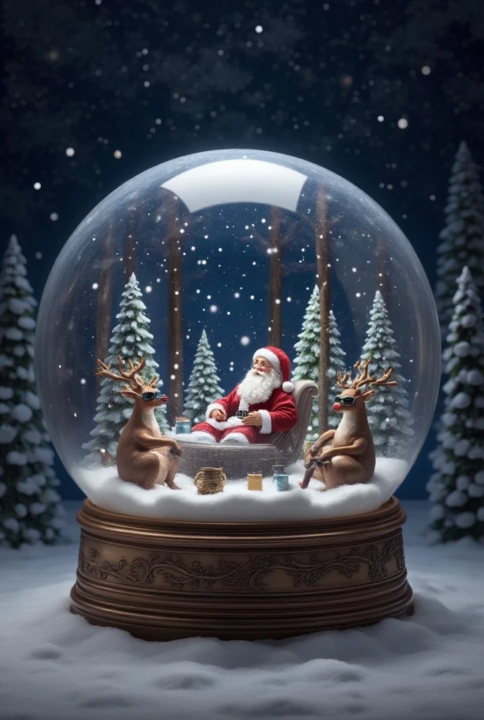 Snowglobe featuring Santa in a hot tub, surrounded by relaxed reindeer wearing sunglasses, sipping cocoa under a snowy forest sky.