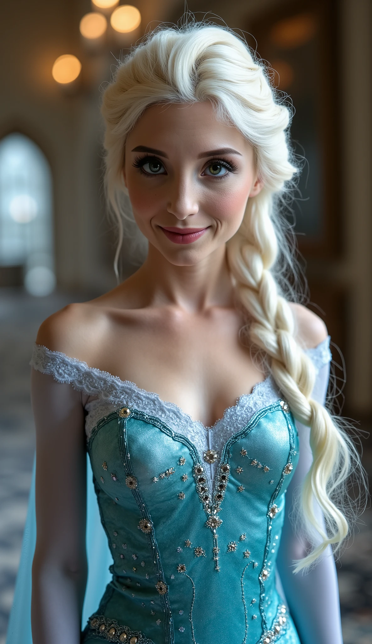 A stunning portrait of piper perri as Elsa smiling , she is sexy , queen of arendelle, young and beautiful, hyper realistic, real portrait, backlit, exquisite features, cleavage, sexy, seductive, interior or an ornate castle ballroom with high ceilings, show skin, blue eyes