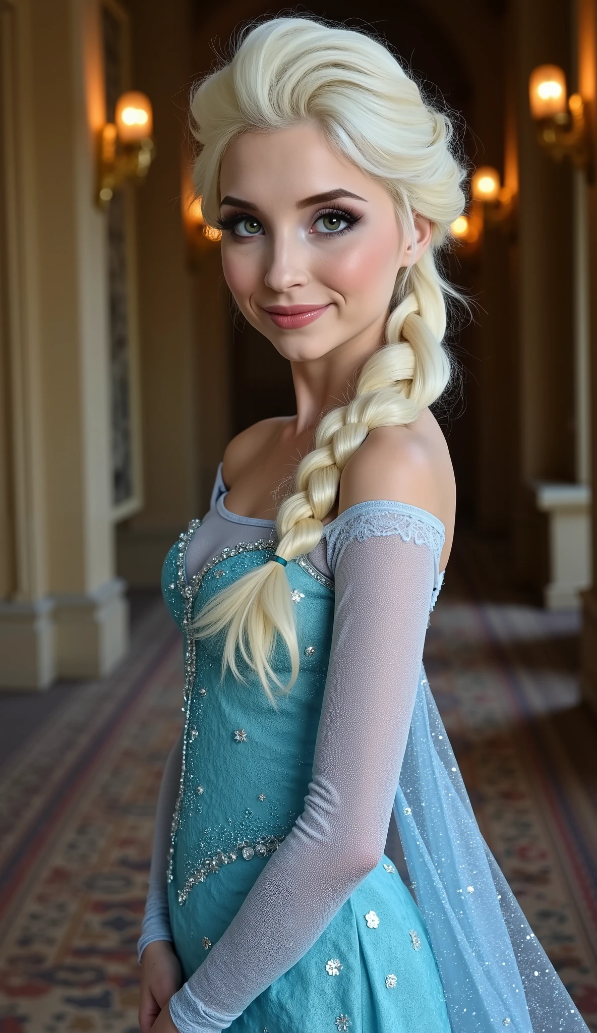 A stunning portrait of piper perri as Elsa smiling , she is sexy , queen of arendelle, young and beautiful, hyper realistic, real portrait, backlit, exquisite features, cleavage, sexy, seductive, interior or an ornate castle ballroom with high ceilings, show skin, blue eyes