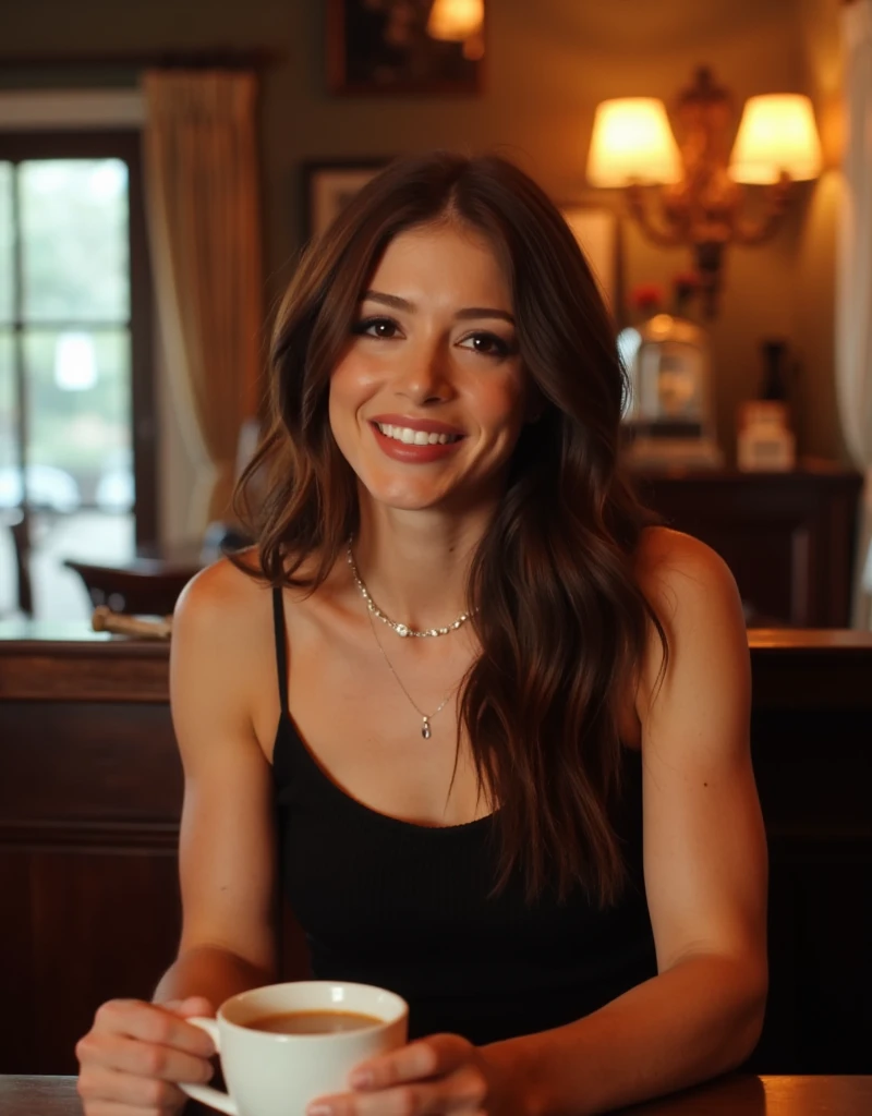 Hyper realistic photo of a cute, 28 years old american female, short woman, slim body, petite, Kodak Gold 400 film style dsl full frame raw, long brown hair, long wavy hair, black tank top, necklace, black jeans, sutil makeup, cinematic photo, solo, looking at viewer, shy, flirting, a stunning intricate full color portrait of a woman sitting in a cafe with a coffe, in a romantic date, The viewer sees her from thee other side of table, epic character composition, by ilya kuvshinov, alessio albi, nina masic, sharp focus, 35mm, film grain, 35mm photograph, film, bokeh, professional, 4k, highly detailed, masterpiece, best quality, ultra-detailed, contrast, analog style (skin texture) (film grain:1.2), cinematic light, sidelighting, ultra high res, RAW photo.