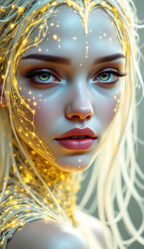 A (((cyborg girl))) with an intricate ((gold dust and lace plugin suit)), colors of (((white and light yellow))), exuding an air of (modern sophistication) against a (dynamic,the scene is framed by her sleek, (((white and gold dust particles) that dance in the (softly glowing light) with a (distinctly high-quality finish). The particles cast a (subtle shadow) that adds depth to the overall image. The girl's body is adorned with (intricate, light yellow-colored lace details) that give off a (vivid contrast) against the (softly glowing white background)