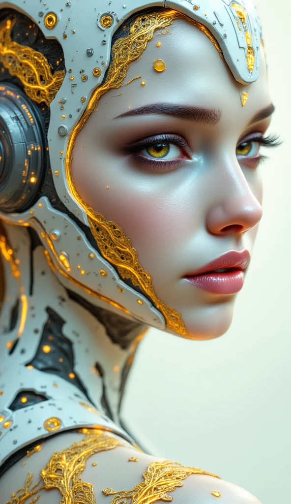 A (((cyborg girl))) with an intricate ((gold dust and lace plugin suit)), colors of (((white and light yellow))), exuding an air of (modern sophistication) against a (dynamic,the scene is framed by her sleek, (((white and gold dust particles) that dance in the (softly glowing light) with a (distinctly high-quality finish). The particles cast a (subtle shadow) that adds depth to the overall image. The girl's body is adorned with (intricate, light yellow-colored lace details) that give off a (vivid contrast) against the (softly glowing white background)