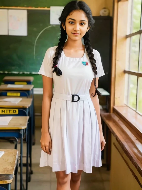 Raw photo, beautiful sri lanka  girl, with twin braids hair, wearing white frock , black shoes, white socks, big breasts , standing in the classroom, professional photographer, (hdr:1.4), masterpiece, ultra-realistic 8k, perfect artwork, intricate details, cute face, award winning photograph, (Best quality, 8k, 32k, Masterpiece, UHD:1.3)