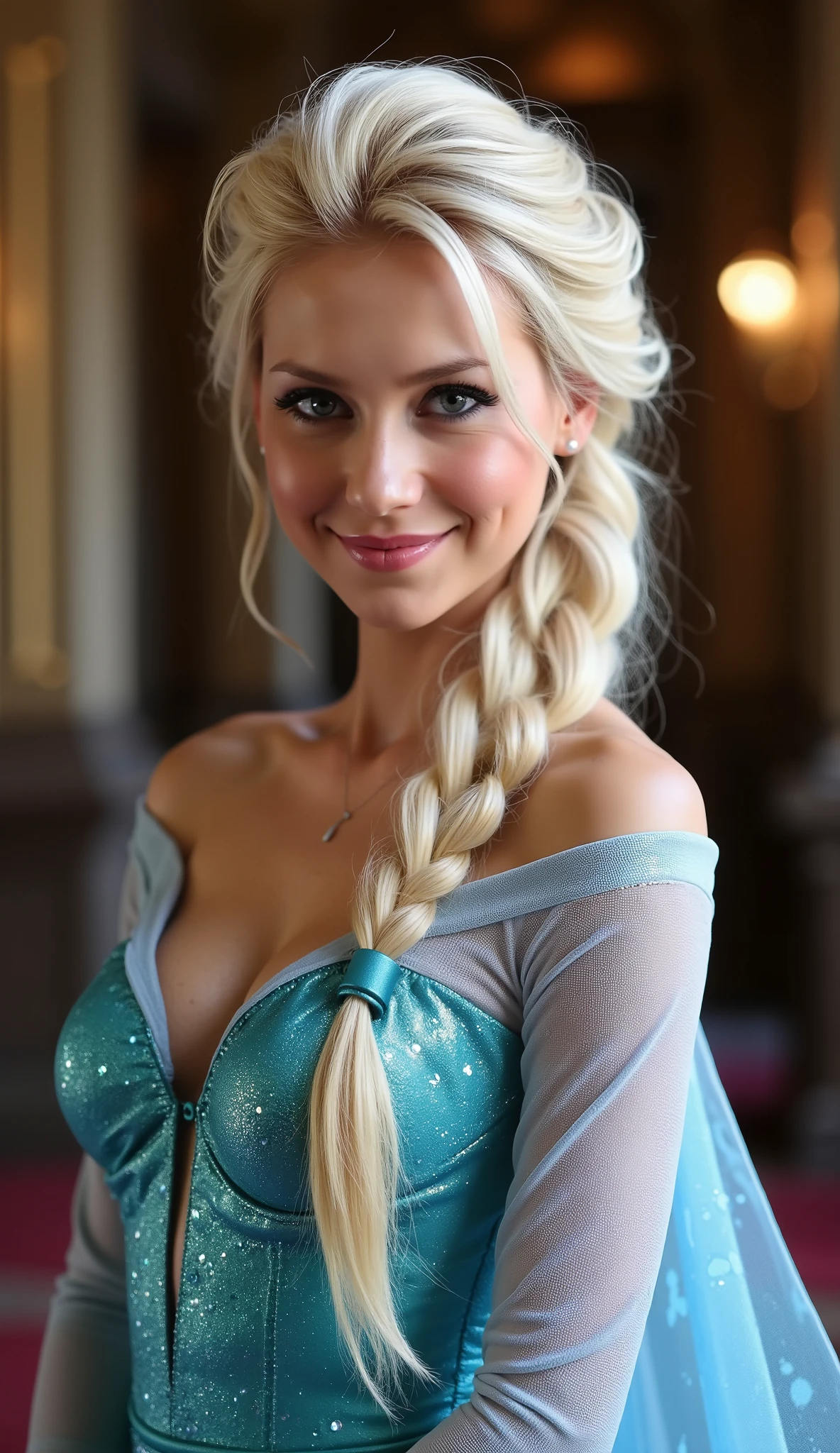 A portrait of Anna Kournikova as Elsa smiling , queen of arendelle, young and beautiful, ((hyper realistic)), real portrait, backlit, exquisite features, cleavage, sexy, seductive, interior or an ornate castle ballroom with high ceilings