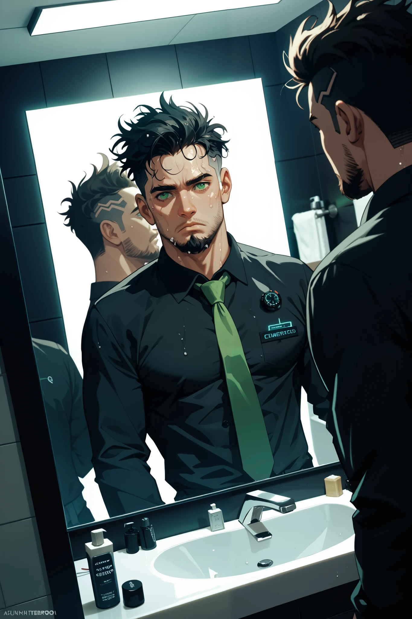 {{upper body, looking in mirror, dutch angle shot}} {{theme: cyberpunk}} {{artist: s1ckh34d}} 1man, man, skinny, frail, pale skin, black hair, medium length hair, messy hair, dark green eyes, light beard, five o' clock shadow, sweaty, black button up shirt, long sleeve, loose green tie, stressed, frown, looking in mirror, interior, dark interior, corporate bathroom, dark lighting, militech, corpo