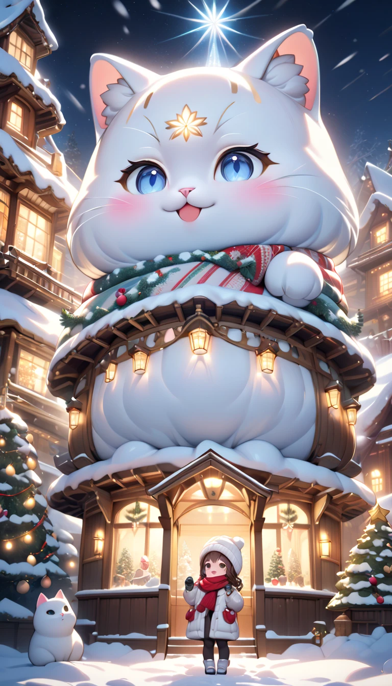 (masterpiece), (ultra-detailed, best quality, clear focus, dramatic scene, cinematic), shadow, (ultra-high resolution, 8k), perfect anatomy, perfect face, (detailed face), (detailed eye), (chibi), cute Japanese chibi girl, famous Japanese chibi idol, very beautiful and cute and cool face, (wearing an cute winter wear with warm pants with scarf and gloves:1.2), knit cap, (large breasts), (She is standing with her cat in front of the gorgeously decorated huge Christmas tree house that looks like a giant fat statue:1.3), at night, snow covered, deep snow, stormy, she is showing smile, dynamic angle, (a very cute giant fat cat is mewing with her), professional lighting, (detailed very cute fluffy cat:1.3), they looks so happy, (gorgeously decorated Christmas tree house with shining Christmas lights:1.3), (spectacular view of snow covered Christmas-tree-house with milky way:1.2)