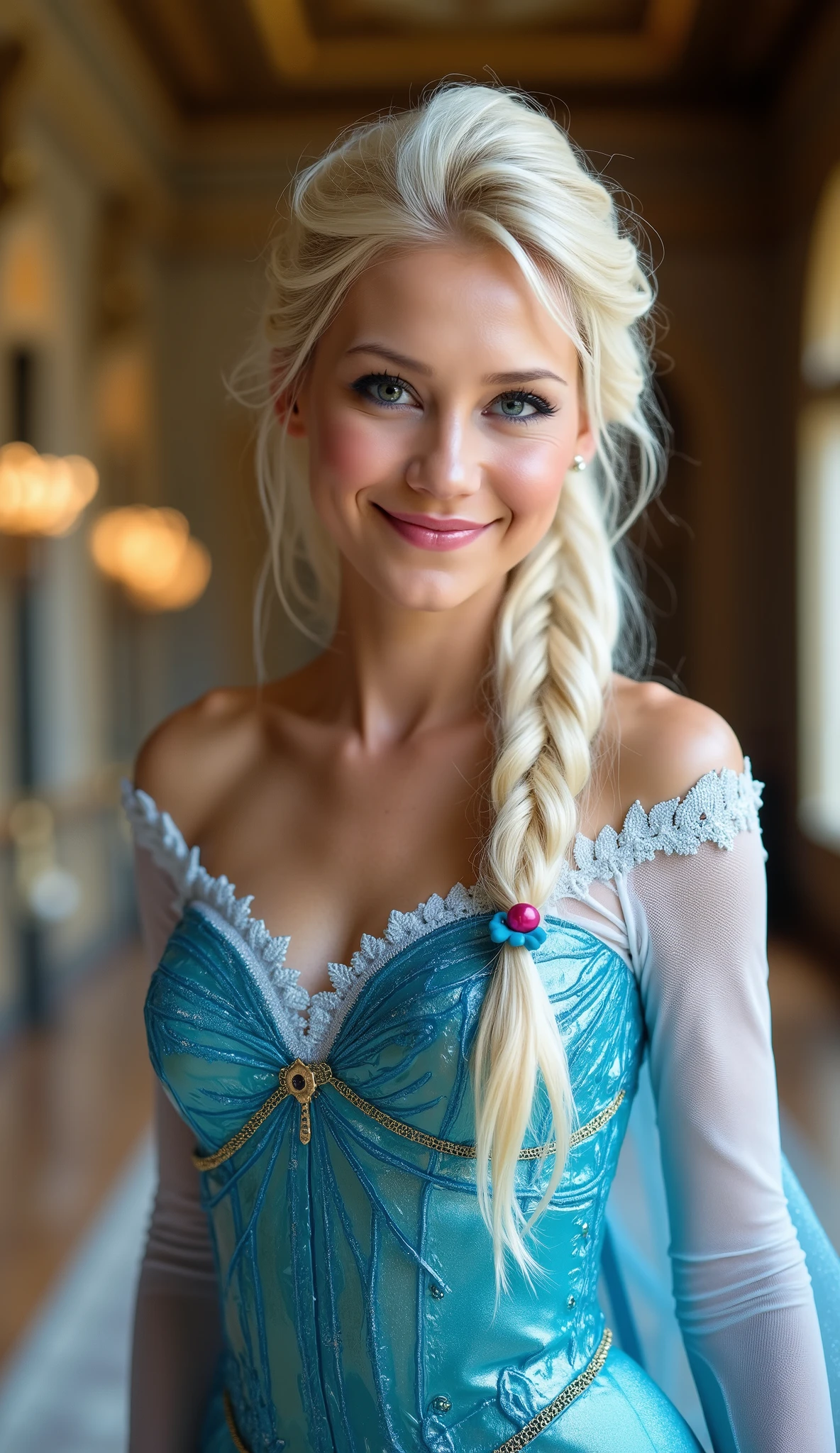 A portrait of Anna Kournikova as Elsa smiling , queen of arendelle, young and beautiful, ((hyper realistic)), real portrait, backlit, exquisite features, cleavage, sexy, seductive, interior or an ornate castle ballroom with high ceilings