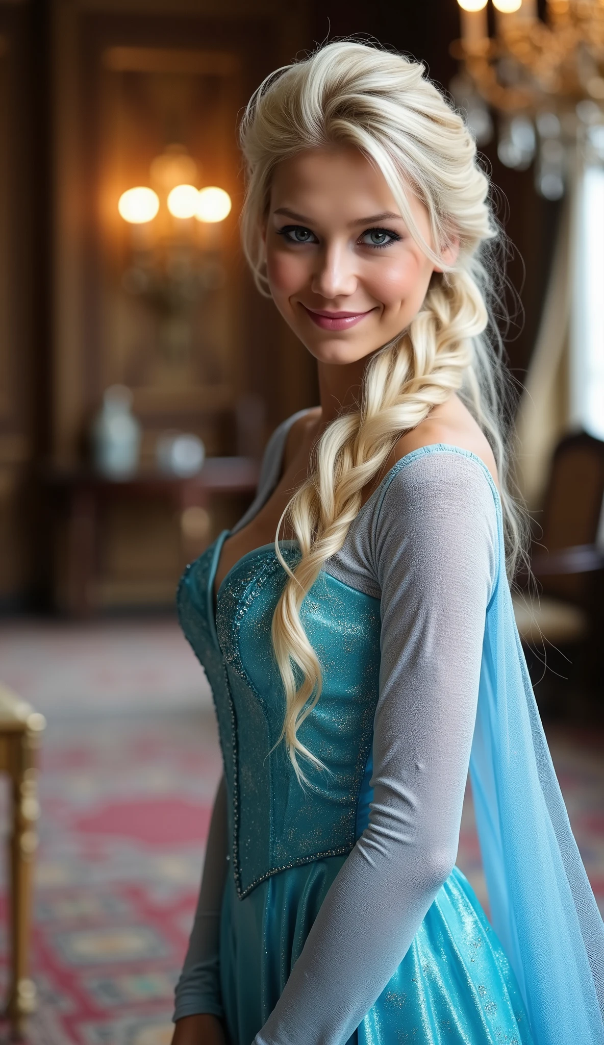 A portrait of Anna Kournikova as Elsa smiling , queen of arendelle, young and beautiful, ((hyper realistic)), real portrait, backlit, exquisite features, cleavage, sexy, seductive, interior or an ornate castle ballroom with high ceilings