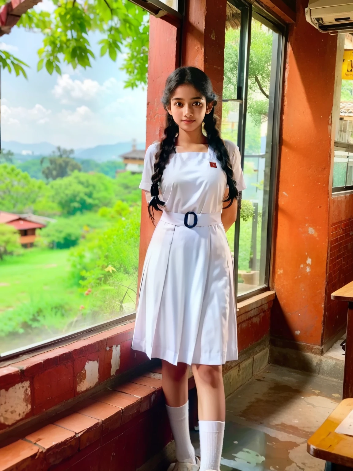 Raw photo, beautiful sri lanka girl, with twin braids hair, bare arm , wearing white frock , black shoes, white socks, big breasts , standing in the classroom, professional photographer, (hdr:1.4), masterpiece, ultra-realistic 8k, perfect artwork, intricate details, cute face, award winning photograph, (Best quality, 8k, 32k, Masterpiece, UHD:1.3)