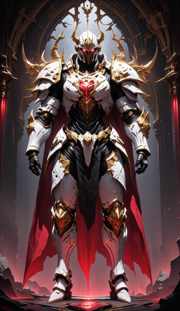  is possessed by a demon, a holy knight commander. Full Body Mechanized Image of an Adult Male. Robotic Muscle-Developed Body . wearing sacred white gold holy knight armor . Eyes Deep Red .Golden Mechanic Wings. standing inside a mysterious black and red church.Bold composition .COUNTLESS KNIGHT FOLLOWERS.Full body image with dark red glow in the eyes。He boldly stands in a mysterious black and red mechanical church， composition underlines his majestic presence 。 lights are very striking ， shadows cast by him highlight his armor and the church's bizarre atmosphere ，Mechanic robot ，Future Mechanism ， Cyberpunk 
