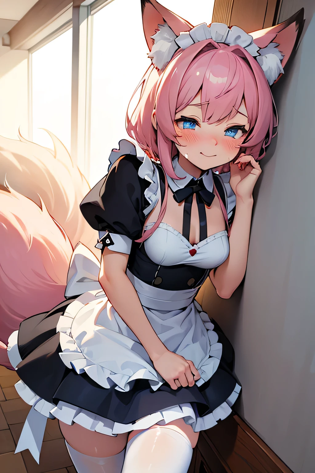 Absurd resolution, high resolution, (masterpiece:1.4), ultra-detailed, wide-angle lens distortion, shy, thighs, cute, looking up, from below, medium tits, fox ears, tail fox, blue eyes, hair-white, anime, short girl, coquette, blushing, tearful eyes, surprised, maid, begging, crying, adorable, obedient, asleep, resting, eyes closed, smile, hugged by boyfriend, husband, couple, small waist,