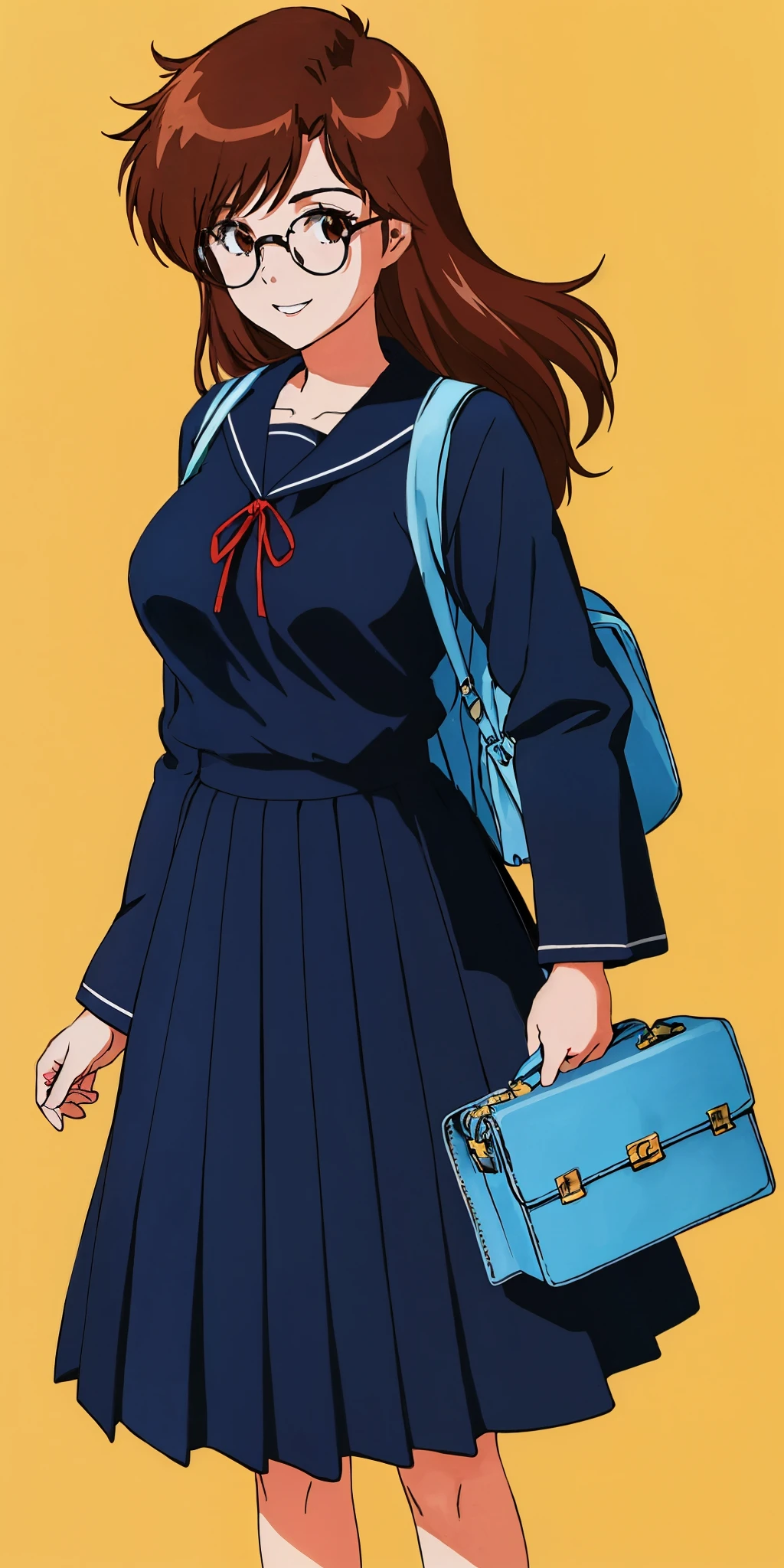 Young woman drawn in 80’s anime art style. 
Retro anime. Vintage Anime. Classical Anime. 
Black Dark Brown HAIR
Long Nihongami Hair
(Round Glasses)
(Round and Circle eyes)
(Light Brown eyes)
(Medium Sized Eyebrows)
(Freckles on Cheek)
(Light Tan Woman)
(Medium Breast)
Seductive Smile

She is wearing a sailor fuku (セーラー服, sērā fuku, sailor outfit) is a common japanese style of uniform worn by women, traditionally by high school female students. 

The uniform generally consists of a sailor-styled blouse attached with a (Navy blue sailor-style collar) and a Dark Navy Blue Sailor Blouse. The length of the long skirt goes down past her ankle.

A ribbon is tied in the front and laced through a loop attached to the sailor blouse. The color is the ribbon is red. (RED RIBBON)

(Dark Navy Blue Sailor Shirt)
(Dark Navy Pleated Skirt)

She is holding a brown briefcase and wearing a backpack. 
She is visiting a High School.

(Solo)
