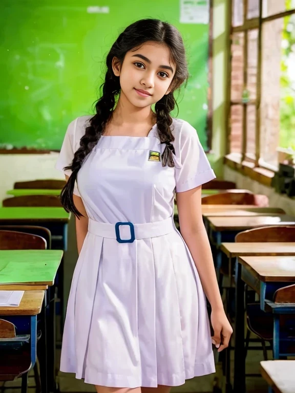 Raw photo, beautiful sri lanka teen school girl, with twin braids hair, wearing white frock , black shoes, white socks, big breasts , standing in the classroom, professional photographer, (hdr:1.4), masterpiece, ultra-realistic 8k, perfect artwork, intricate details, cute face, award winning photograph, (Best quality, 8k, 32k, Masterpiece, UHD:1.3)
