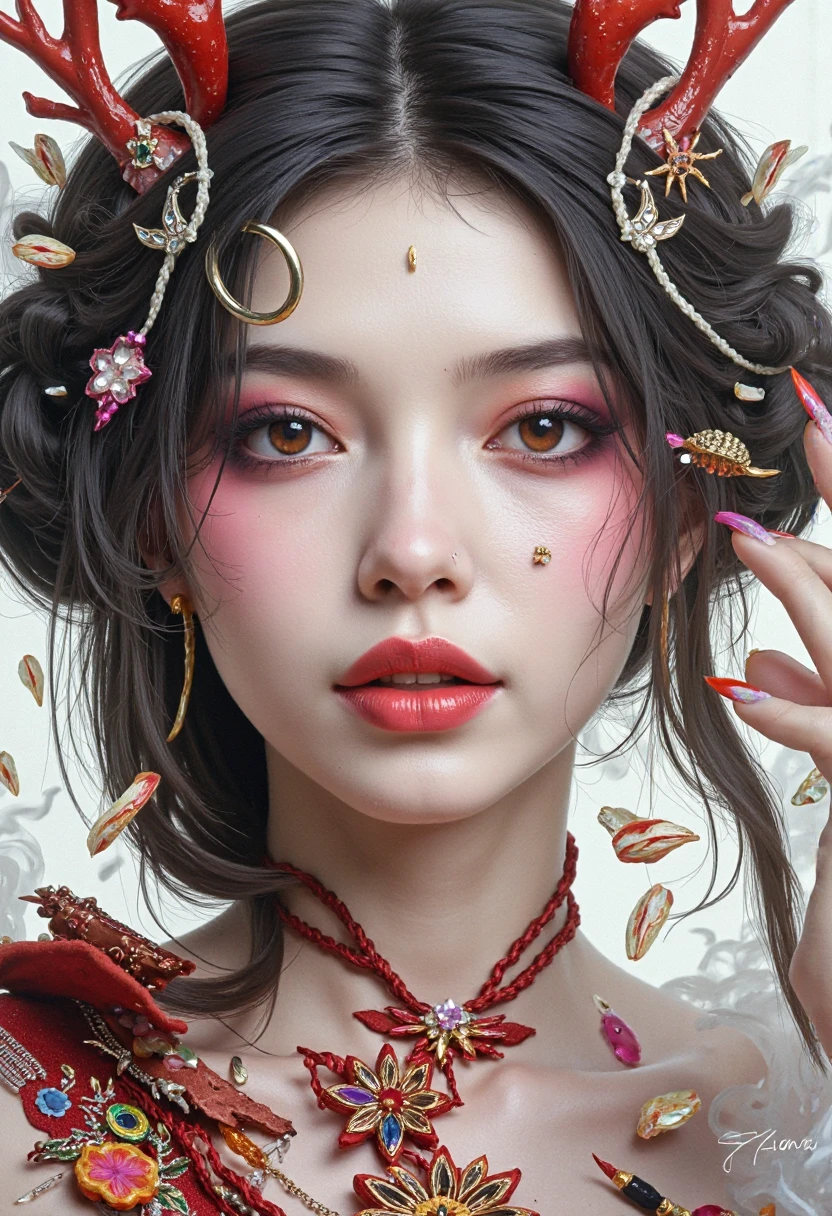 Woman in a clothing store, big eyes, extremely beautiful face, pale skin long black hair with two braids, long hair and big eyes, very beautiful face, Asian girl beautiful blonde girl who looks like park jimin of the bts, jimin park bts, a girl with black hair, black hair and big eyes, beautiful young model, perfect face ), beautiful delicate face, with long and black hair, shiny skin, eyelashes clearly visible, brown eyes.