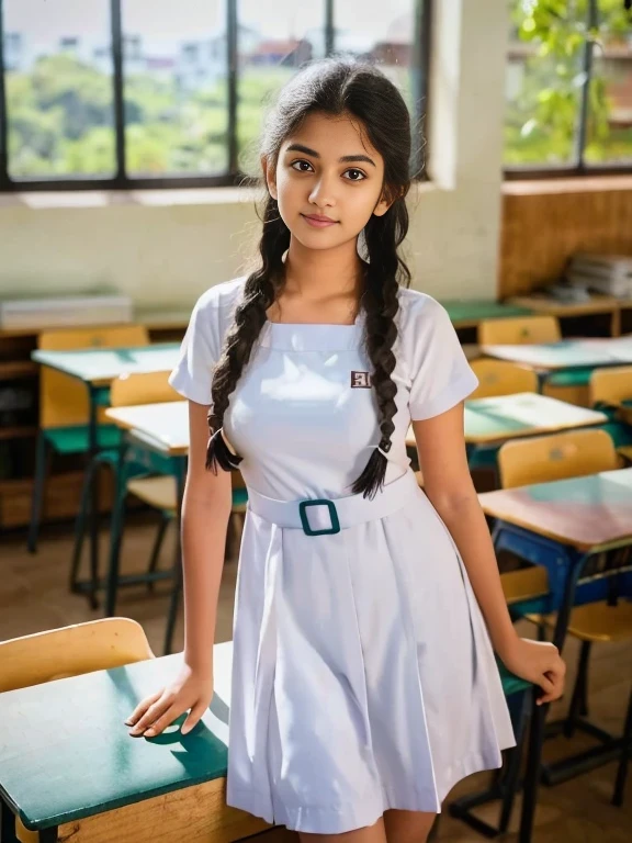 Raw photo, beautiful sri lanka girl, with twin braids hair, wearing white frock , black shoes, white socks, big breasts , standing in the classroom, professional photographer, (hdr:1.4), masterpiece, ultra-realistic 8k, perfect artwork, intricate details, cute face, award winning photograph, (Best quality, 8k, 32k, Masterpiece, UHD:1.3)