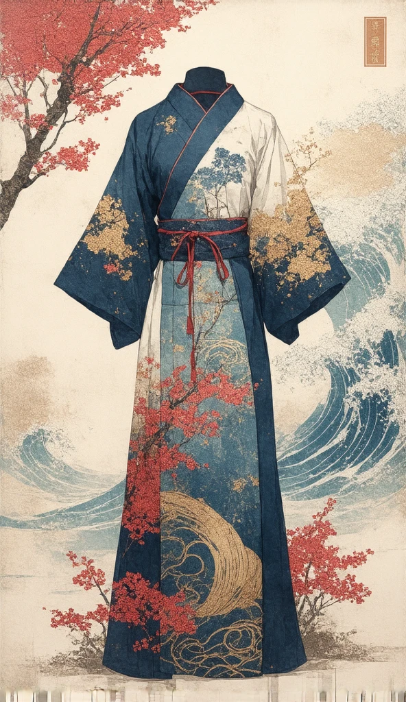 (masterpiece,  High Quality ,  high definition ,  Golden Ratio ,  movie lighting, 8k),  The shape of the yukata has clear outlines 。  accentuate the detailed design of the yukata 、 Subtle shadows express the texture and movement of the fabric 。Inside is 、cherry blossoms、 Flowing Water、 accentuate 、 a stunning abstract painting representing traditional Japanese yukata 。 The color is deep blue 、Bright vermilion、 accents with gold 、 accents 。  The background is minimalistic, 、 geometric hemp leaf motifs, etc. 、 depicts intricate traditional Japanese patterns 。  The overall composition is 、 The flowing sleeves and clear collar are emphasized {x} exudes a balance between traditional Japanese aesthetics and modern abstract art。