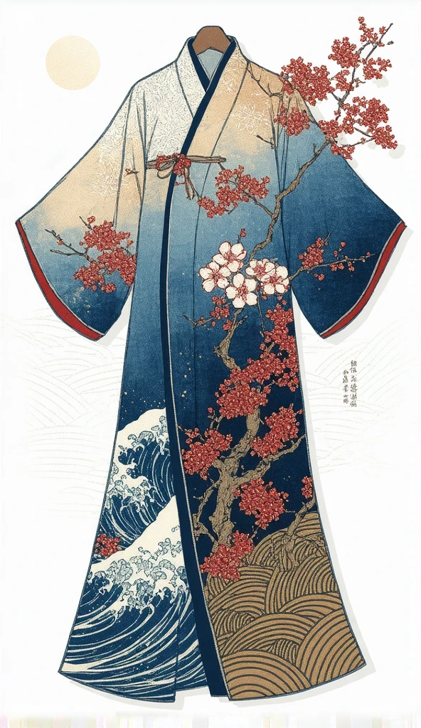 (masterpiece,  High Quality ,  high definition ,  Golden Ratio ,  movie lighting, 8k),  The shape of the yukata has clear outlines 。  accentuate the detailed design of the yukata 、 Subtle shadows express the texture and movement of the fabric 。Inside is 、cherry blossoms、 Flowing Water、 accentuate 、 a stunning abstract painting representing traditional Japanese yukata 。 The color is deep blue 、Bright vermilion、 accents with gold 、 accents 。  The background is minimalistic, 、 geometric hemp leaf motifs, etc. 、 depicts intricate traditional Japanese patterns 。  The overall composition is 、 The flowing sleeves and clear collar are emphasized {x} exudes a balance between traditional Japanese aesthetics and modern abstract art。