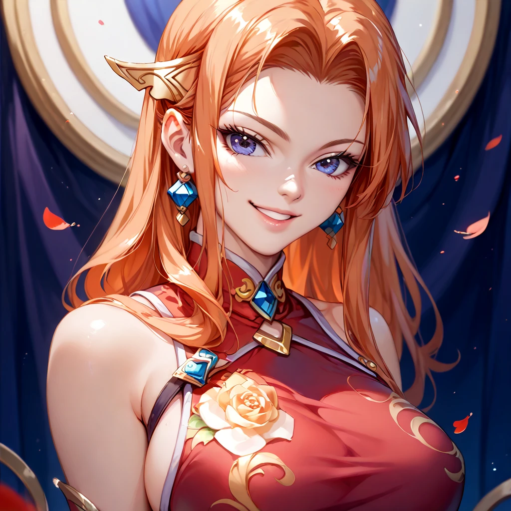 (( top quality )), ((masterpiece)), ( Details), （ perfect face）、Orange-haired Maya Cordelia is wearing a sexy Chinese dress and smiling in a pose showing off her charming body