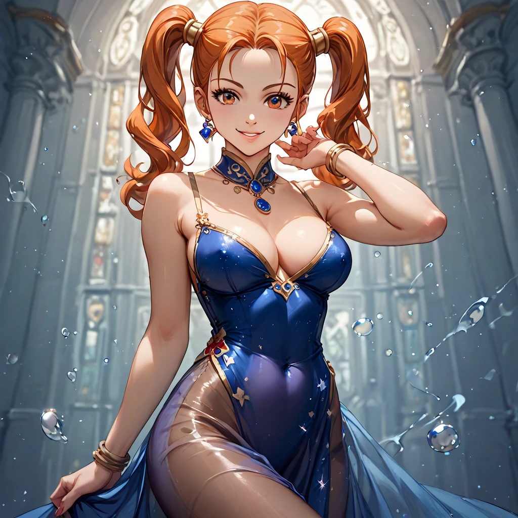 (( top quality )), ((masterpiece)), ( Details), （ perfect face）、Orange-haired twin-tailed Jessica Albert is wearing a see-through sexy Chinese dress and smiling in a pose showing off her charming body