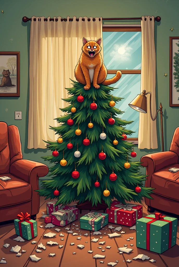 (Christmas meme) Christmas tree with many damaged ornaments, many damaged presents under it, many broken ornaments on floor, cat in the tree looking crazy, living room, clearly written across the bottom of the screen 'the dog did it!' as the cat protests, all the damage is obviously from a cat clawing and playing with things
