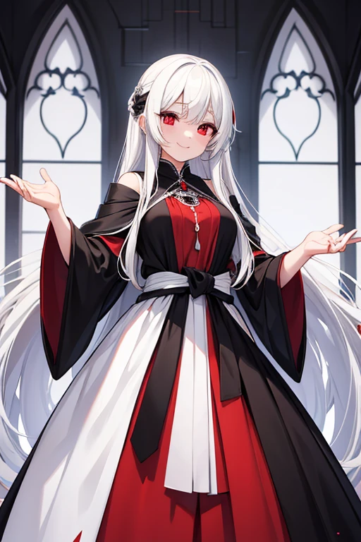 a beautiful girl, white long hair, smiling, wolf ears, red eyes, white and red traditional japanese dress with a sidecut on legs, big boobs, thighs, thighhighs, anime style, a pose, vtuber pose.