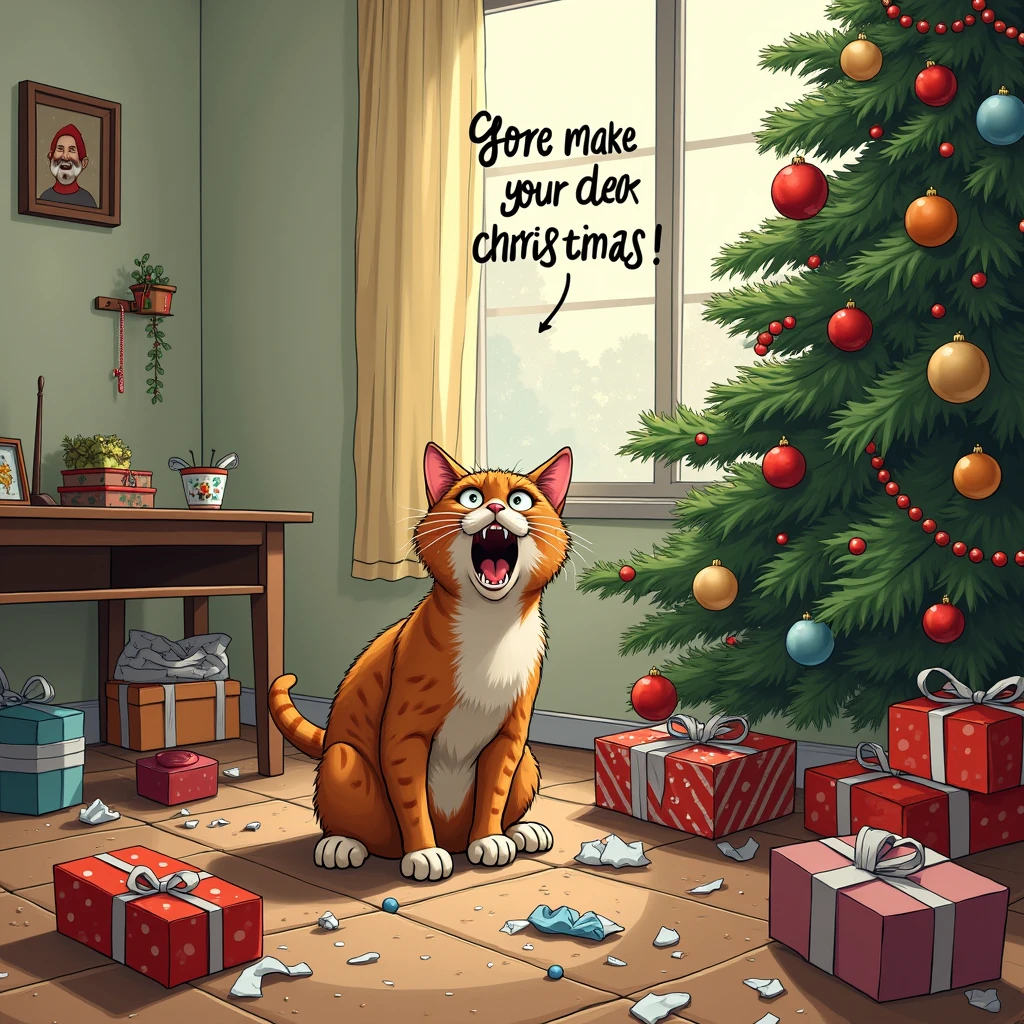 (Christmas meme) Christmas tree with many damaged ornaments, many damaged presents under it, many broken ornaments on floor, cat in the tree looking crazy, living room, clearly written across the bottom of the screen 'the dog did it!' as the cat protests, all the damage is obviously from a cat clawing and playing with things
