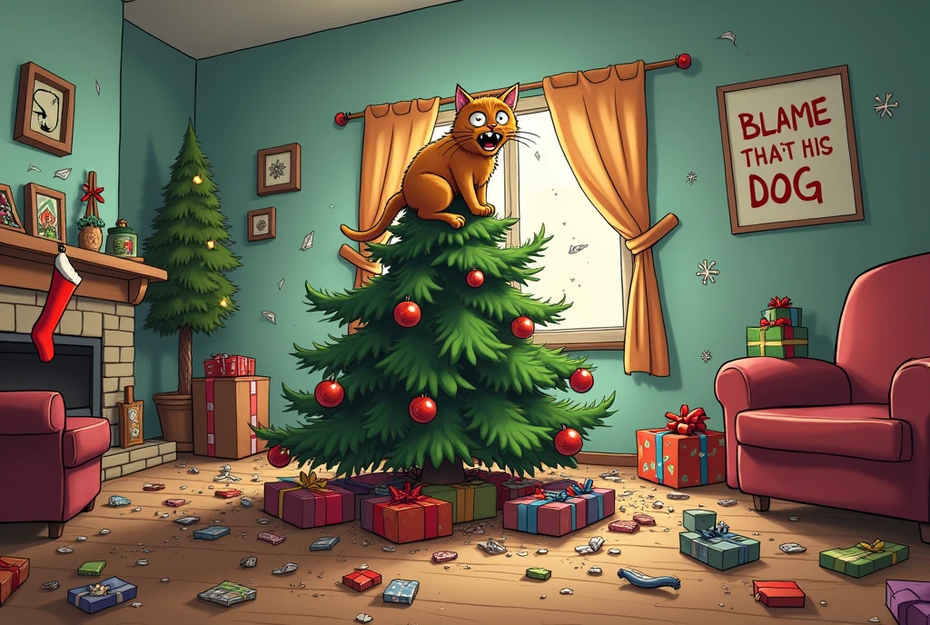 (Christmas meme) Christmas tree with many damaged ornaments, many damaged presents under it, many broken ornaments on floor, cat in the tree looking crazy, living room, clearly written across the bottom of the screen 'the dog did it!' as the cat protests, all the damage is obviously from a cat clawing and playing with things
