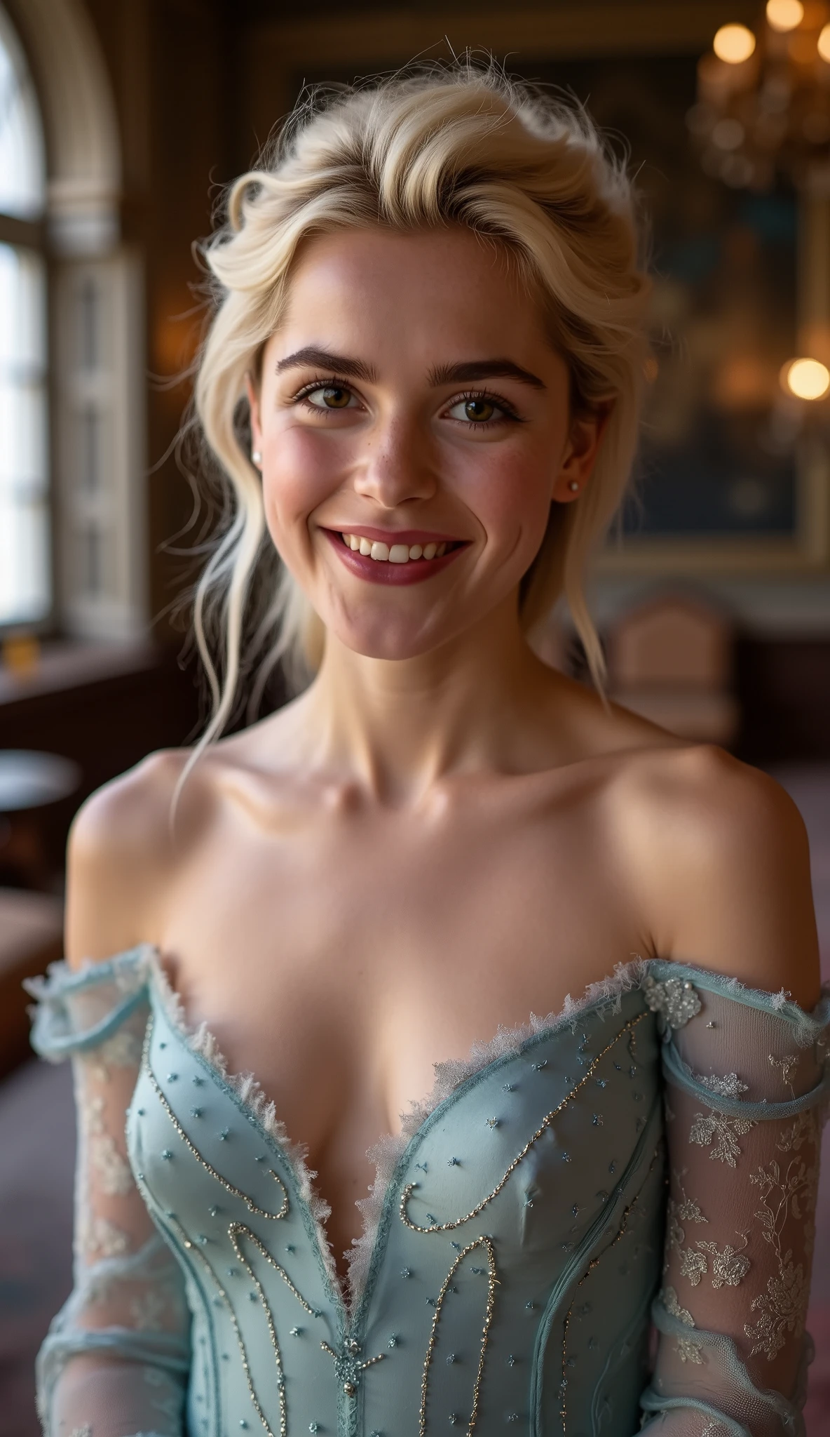 A stunning portrait of Kiernan Shipka as Elsa smiling , queen of arendelle, young and beautiful, hyper realistic, real portrait, backlit, exquisite features, cleavage, sexy, seductive, interior or an ornate castle ballroom with high ceilings