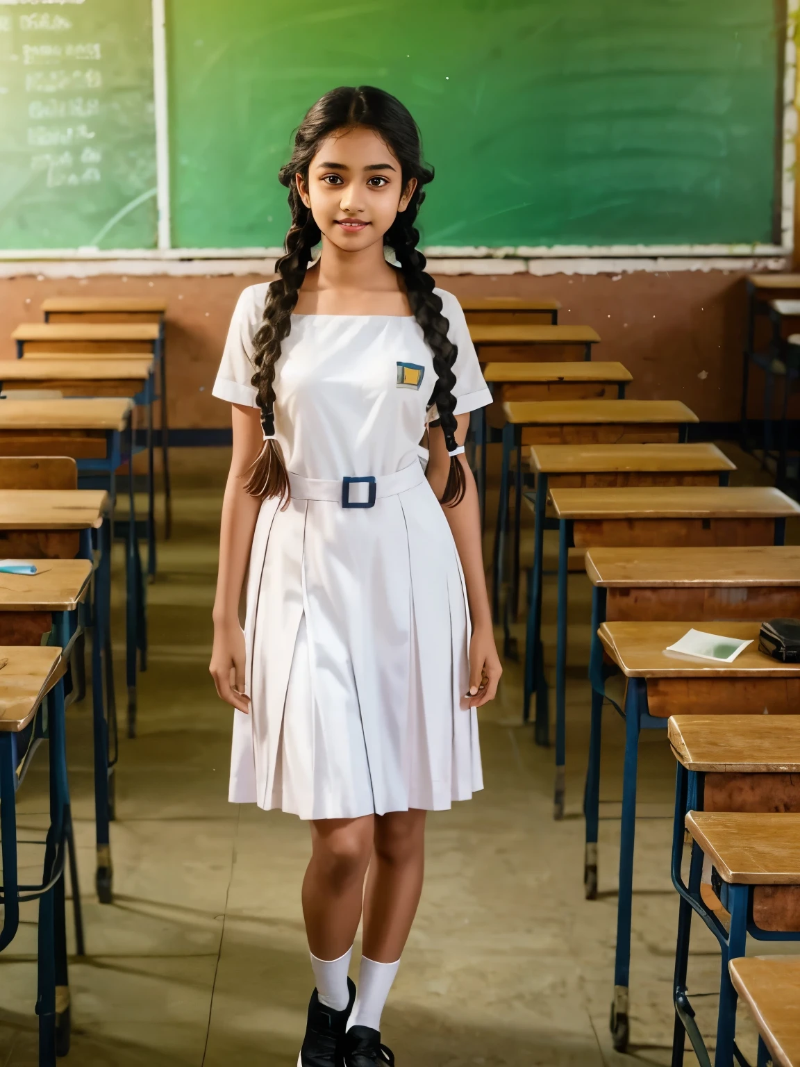 a beautiful sri lankan girl, with twin braids hair, wearing white frock, black shoes, white socks, standing in the classroom, photorealistic, ultra-detailed, 8k, high quality, hyperrealistic, masterpiece, realistic lighting, professional photography, radiant skin, intricate details