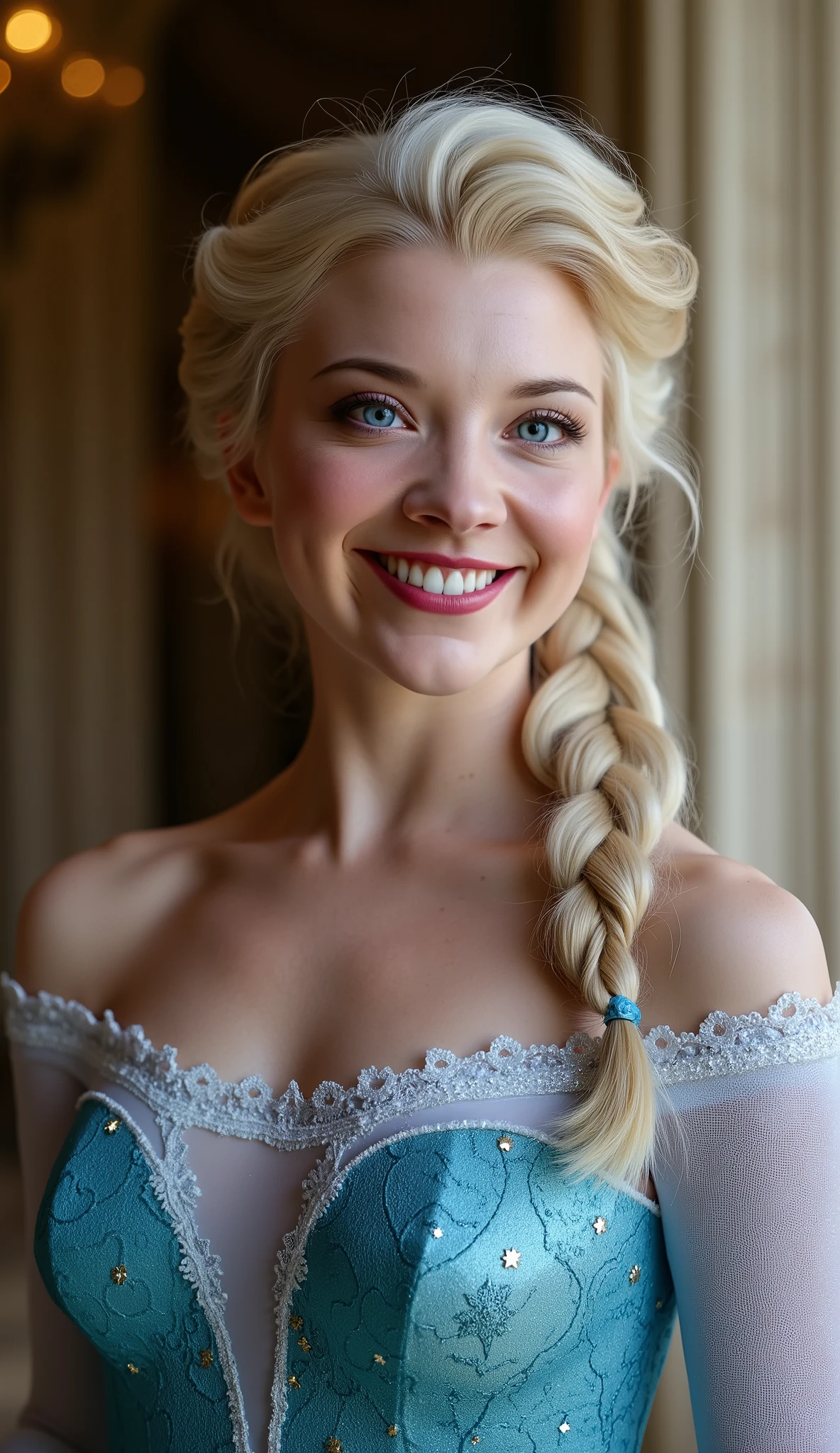 Natalie dormer as Elsa smiling , queen of arendelle, young and beautiful, ((hyper realistic)), real portrait, backlit, exquisite features, cleavage, sexy, seductive, interior or an ornate castle ballroom with high ceilings