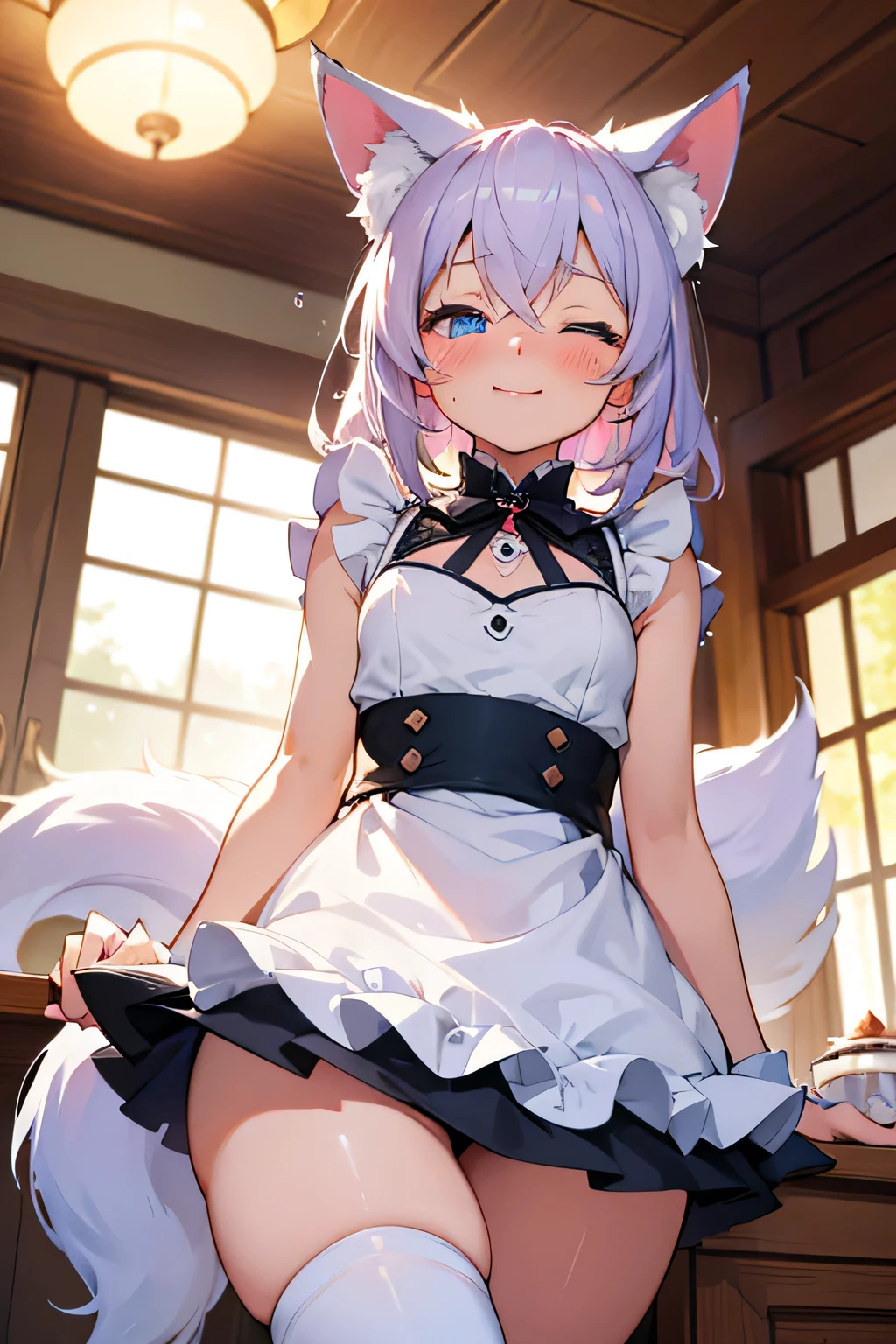Absurd resolution, high resolution, (masterpiece:1.4), ultra-detailed, wide-angle lens distortion, shy, thighs, cute, looking up, from below, medium tits, fox ears, tail fox, blue eyes, hair-white, anime, short girl, coquette, blushing, tearful eyes, surprised, maid, begging, crying, adorable, obedient, asleep, resting, eyes closed, smile, small waist,