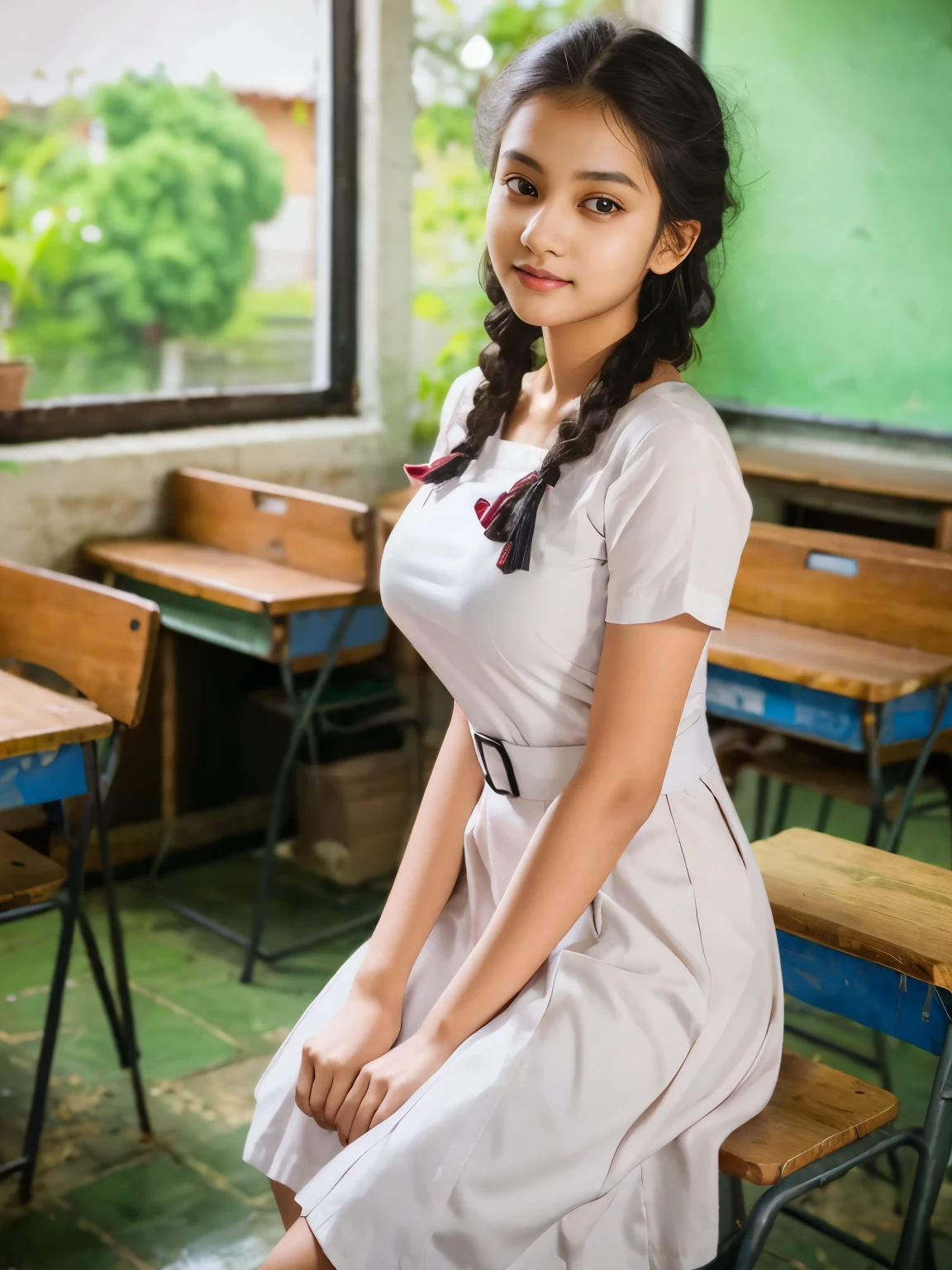 a beautiful detailed sri lanka girl, 1girl, twin braids hair, wearing white frock, black shoes, white socks, big breasts, standing in the classroom, (best quality,4k,8k,highres,masterpiece:1.2),ultra-detailed,(realistic,photorealistic,photo-realistic:1.37),intricate details,extremely detailed skin,studio lighting,HDR,UHD,vivid colors,natural lighting,soft shadows,elegant,flawless skin,looking at camera