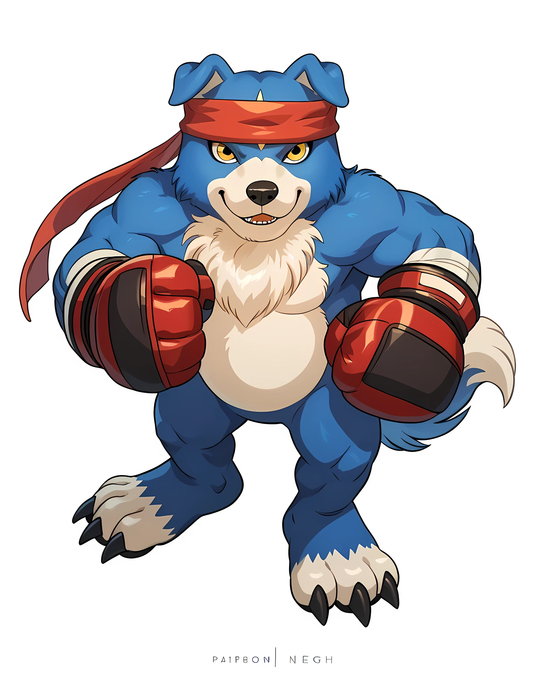 source_anime, cartoon, gaomon (character), digimon (creature), dog boy, blue body, headband, yellow eyes, boxing gloves, white background, detailed, (cel shaded, flat colors):1.5, full body, by wfa, by negger, standing, muscular, pectorals, muscular legs, smile