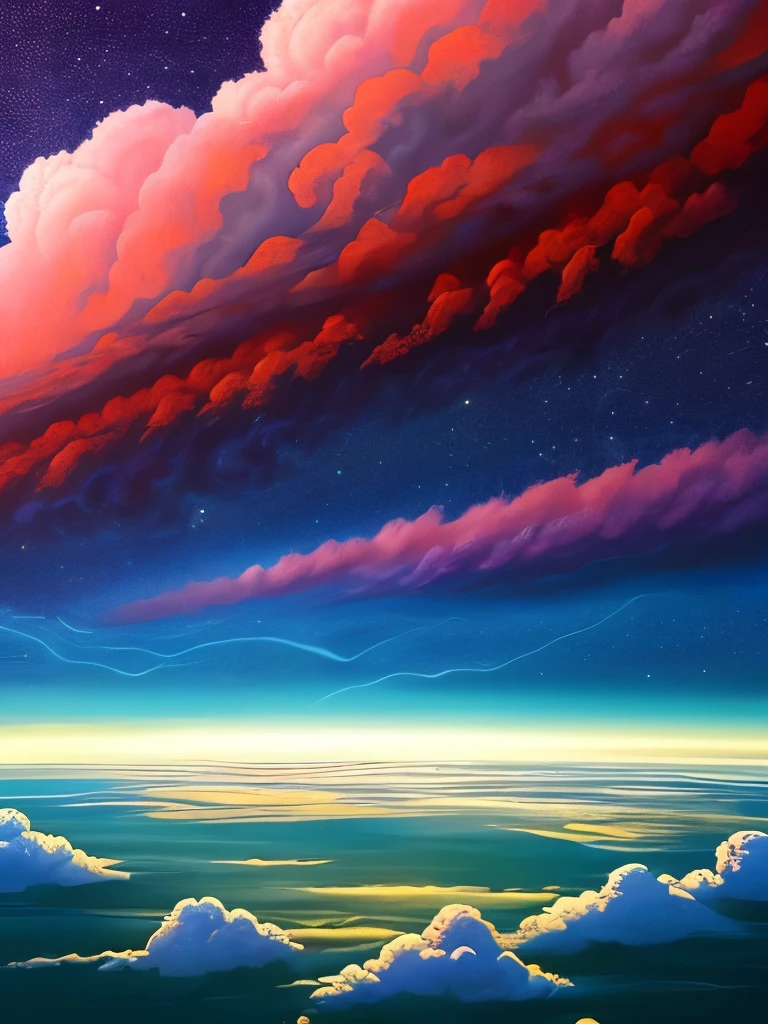 painting of a cloud formation over a body of water, airbrushed clouds, space clouds, glowing clouds, thunder clouds modernism, emitting spore clouds, rhads!!!, wlop and rhads, melting clouds, surreal clouds, clouds. fantasy, on cosmic cloudscape, thunderclouds, ceremonial clouds, nuclear explosions paint sky, atmospheric clouds', turbid clouds