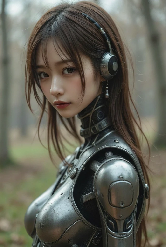 Breathtaking beauty,  Perfect Composition ,  proper placement , Golden Ratio,  high definition ,  top quality ,  exquisite resolution,  super detailed ,masterpiece,  photorealistic, 8k,  android woman,  One Beautiful Japanese Woman, mature adult Japanese woman,  black metal android suit:1.331, Surface gloss ,  headgear ,  flat chested:1.331,  slender body:1.331, Thin limbs:1.331,  thin waist :1.331,  thin waist :1.331, COMPLETE ANATOMY :1.331,  have small heads :1.331, Brown Hair,  wave hair included:1.21,  detailed face ,  Delicate Realistic Oily Skin Texture , outdoor blurry background ,  dynamic and emotional movie light,