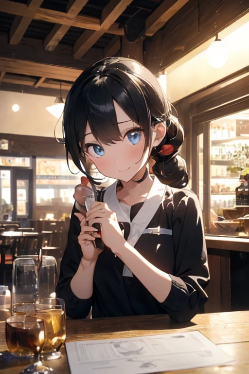 (best quality,4k,highres,masterpiece:1.2),ultra-detailed,realistic:1.37,bar scene,tokyo izakaya scene,anime scene,sitting in a bar,sitting at a bar,sitting alone at a bar,drinking at a bar,bar interior,background counter,Madhouse Studio anime style,crowded bar,anime characters,neon lights, costumes,cartoonish,fun and lively atmosphere,Japanese bar setting,wooden bar counter,blurred background,blue color tones,dark ambiance,beautifully lit,reflection on the bar counter,vibrant colors,colourful cocktails,misty atmosphere