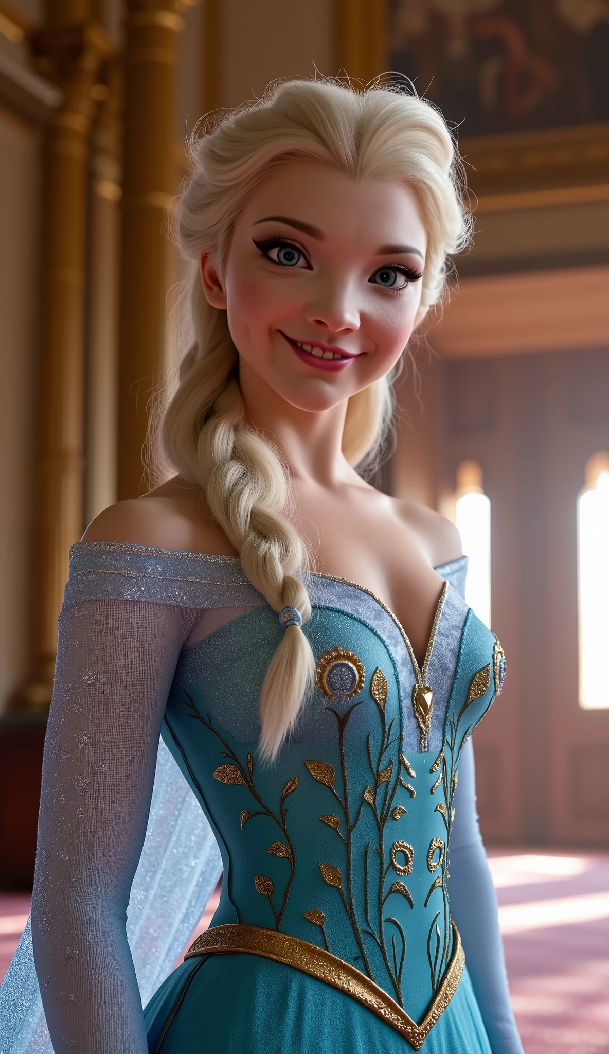 A stunning portrait of Elsa smiling , queen of arendelle, young and beautiful, ((hyper realistic)), real portrait, backlit, exquisite features, cleavage, sexy, seductive, interior or an ornate castle ballroom with high ceilings