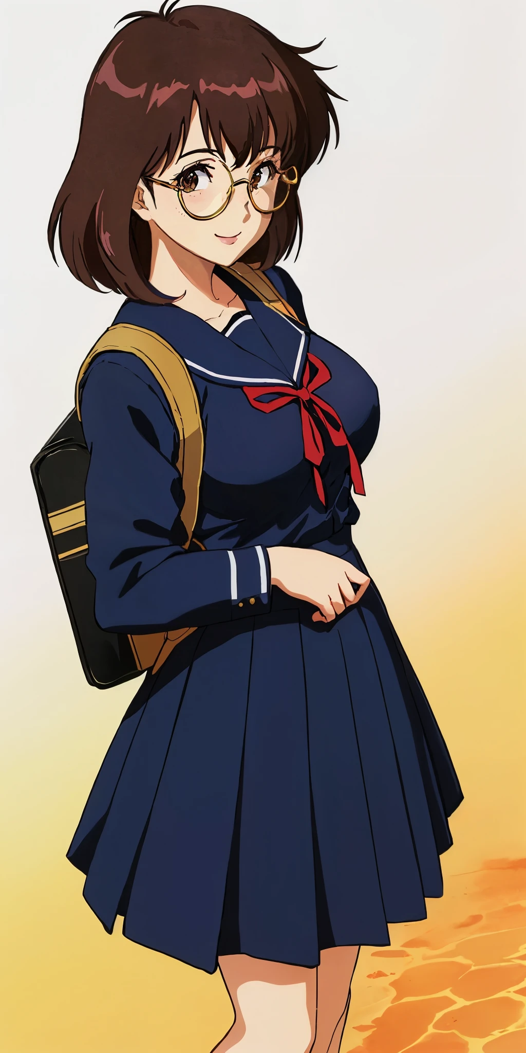 Young woman drawn in 80’s anime art style. 
Retro anime. Vintage Anime. Classical Anime. 
Black Dark Brown HAIR
Long Nihongami Hair
(Round Glasses)
(Round and Circle eyes)
(Light Brown eyes)
(Medium Sized Eyebrows)
(Freckles on Cheek)
(Light Tan Woman)
(Medium Breast)
Seductive Smile

She is wearing a sailor fuku (セーラー服, sērā fuku, sailor outfit) is a common japanese style of uniform worn by women, traditionally by high school female students. 

The uniform generally consists of a sailor-styled blouse attached with a (Navy blue sailor-style collar) and a Dark Navy Blue Sailor Blouse. The length of the long skirt goes down past her ankle.

A ribbon is tied in the front and laced through a loop attached to the sailor blouse. The color is the ribbon is red. (RED RIBBON)

(Dark Navy Blue Sailor Shirt)
(Dark Navy Pleated Skirt)

She is holding a brown briefcase and wearing a backpack. 
visiting a High School

(Solo)