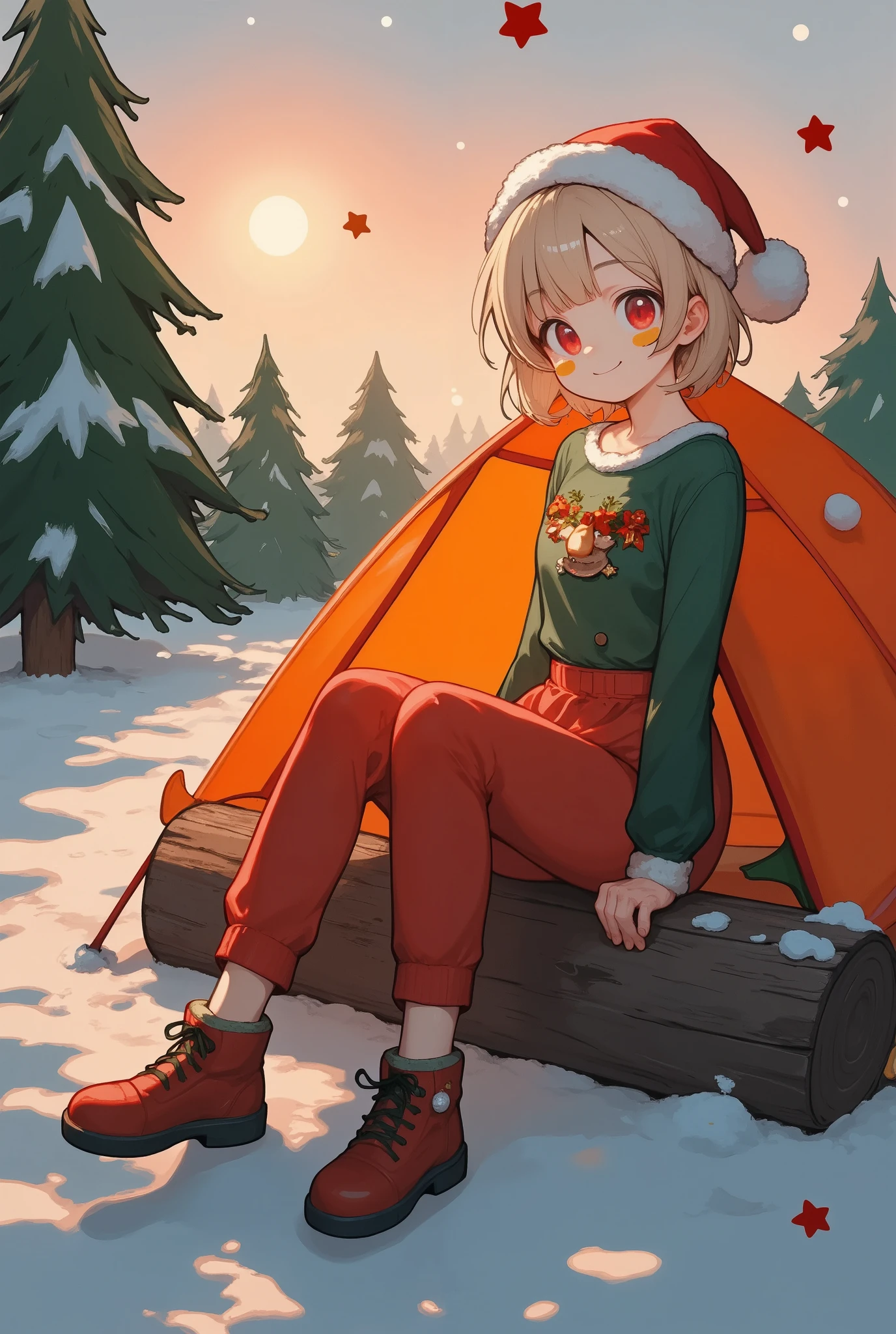 xmas cute, a beautiful young blond woman camping the wood, she wearing an fleece jacket, sweatpants and gray wool hat, she sitting outside of her orange tent on a wood log, she holding a thermos, a light-up camping lantern next to her, winter season, cozy atmosphere, sunset, sunset light, back lighting, depth of field, intricate detailed