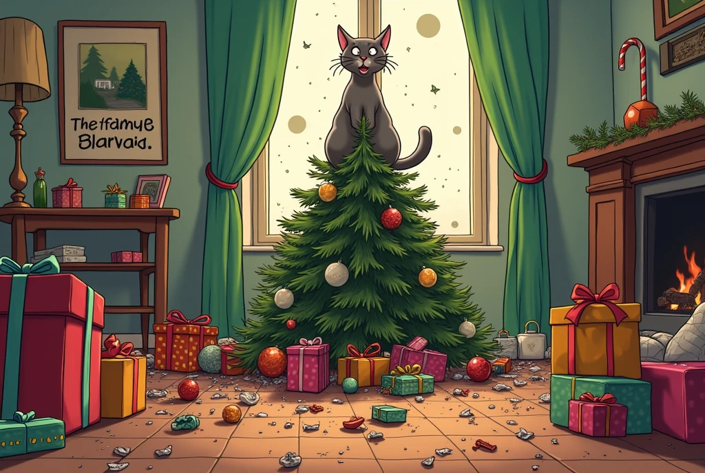 (Christmas meme) Christmas tree with many damaged ornaments, many damaged presents under it, many broken ornaments on floor, cat in the tree looking crazy, living room, clearly written across the bottom of the screen 'the dog did it!' as the cat protests, all the damage is obviously from a cat clawing and playing with things
