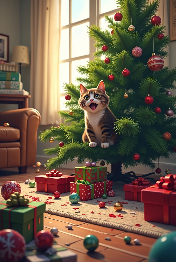 (Christmas meme) Christmas tree with many damaged ornaments, many damaged presents under it, many broken ornaments on floor, cat in the tree looking crazy, living room, clearly written across the bottom of the screen 'the dog did it!' as the cat protests, all the damage is obviously from a cat clawing and playing with things
