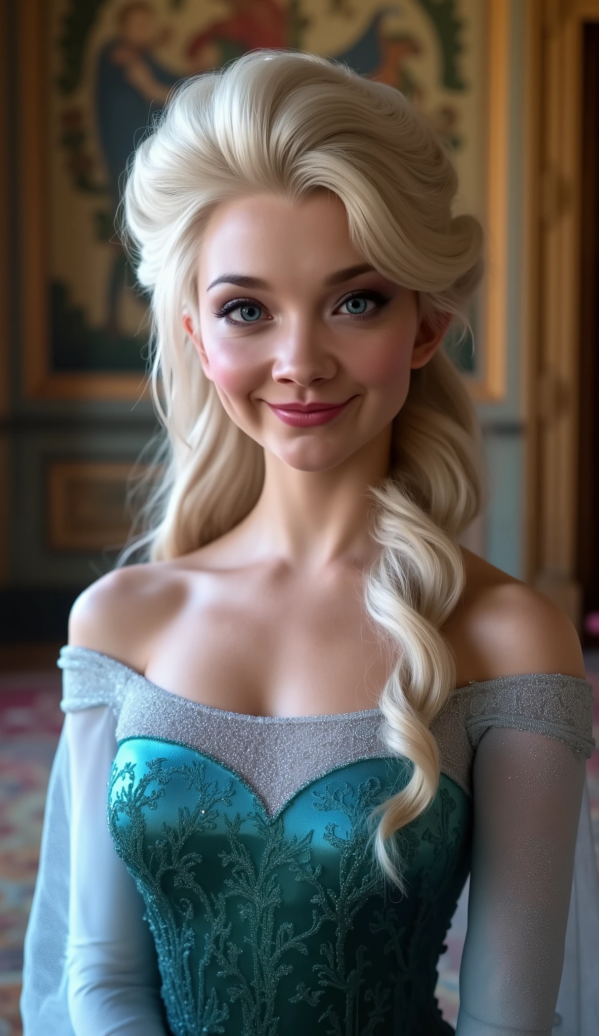 A stunning portrait of Elsa smiling , queen of arendelle, young and beautiful, hyper realistic, real portrait, backlit, exquisite features, cleavage, sexy, seductive, interior or an ornate castle ballroom with high ceilings