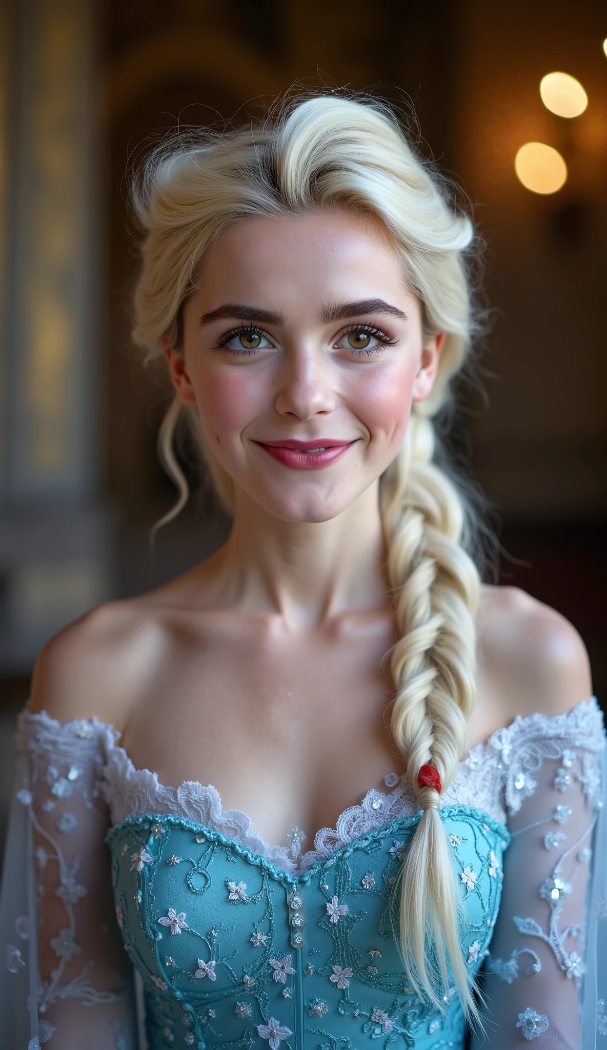 A stunning portrait of Elsa smiling , queen of arendelle, young and beautiful, hyper realistic, real portrait, backlit, exquisite features, cleavage, sexy, seductive, interior or an ornate castle ballroom with high ceilings