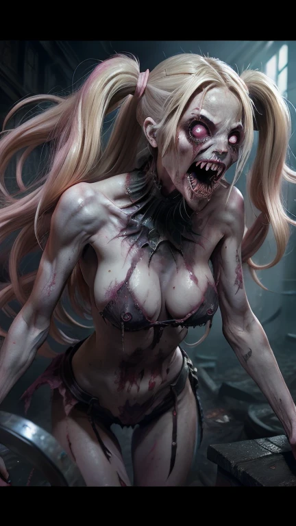 "Craft a bone-chilling masterpiece set in a 1600s graveyard on a cold, foggy night. Amidst the crumbling tombstones and eerie silence, introduce Harley Quinn as a malevolent humanoid figure, her beautiful frame and large breasts accentuated by her tattered iconic outfit. Her messy, long, straight blonde hair hangs in twintails with pink and blue highlights, partially obscuring her blood-red eyes, which emit an evil, otherworldly glow.

As she hovers above the ground, a sense of terror and dread permeates the air, and the atmosphere is thick with decay and disgust. Describe the fear that washes over anyone who dares to lay eyes upon her twisted, sickly form. Evoking shock value and pure horror, paint a vivid portrait of her menacing presence, leaving readers with a lingering sense of unease. This is a scene designed to haunt their nightmares."