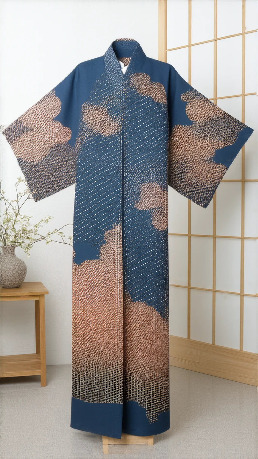 (masterpiece,  High Quality ,  high definition ,  Golden Ratio ,  movie lighting, 8k),  The shape of the yukata has clear outlines 。  accentuate the detailed design of the yukata 、 Subtle shadows express the texture and movement of the fabric 。Inside is 、cherry blossoms、 Flowing Water、 accentuate 、 a stunning abstract painting representing traditional Japanese yukata 。 The color is deep blue 、Bright vermilion、 accents with gold 、 accents 。  The background is minimalistic, 、 geometric hemp leaf motifs, etc. 、 depicts intricate traditional Japanese patterns 。  The overall composition is 、 The flowing sleeves and clear collar are emphasized {x} exudes a balance between traditional Japanese aesthetics and modern abstract art。