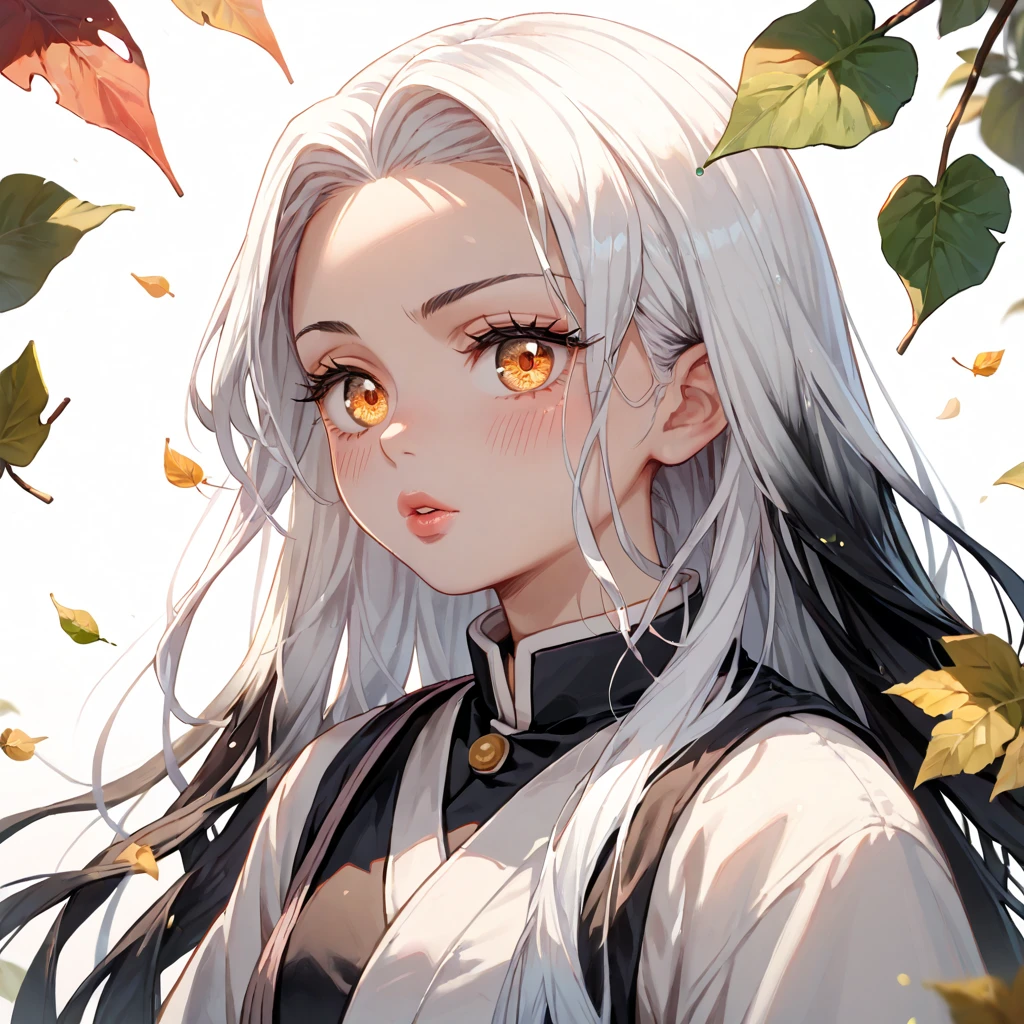 Long white hair, female, golden eyes, orangeish eyes, wearing leaf looking haori, demon slayer art style, 1girl, Solo, Long Hair, High Resolution, Black Hair, White Hair, Blush, Parted Lips, teenager, cherubic features, thick black eyelashes, plump lips