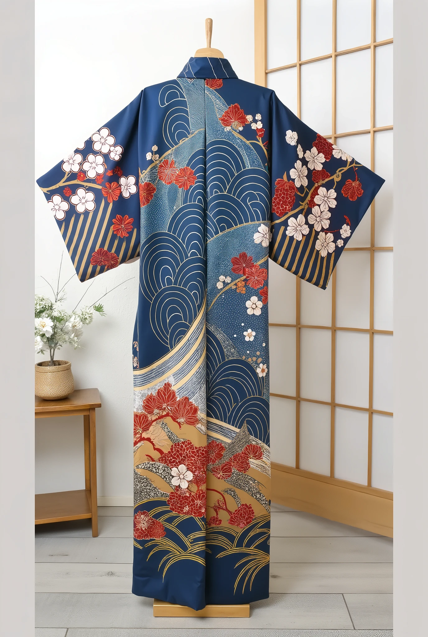 (masterpiece,  High Quality ,  high definition ,  Golden Ratio ,  movie lighting, 8k),  The shape of the yukata has clear outlines 。  accentuate the detailed design of the yukata 、 Subtle shadows express the texture and movement of the fabric 。Inside is 、cherry blossoms、 Flowing Water、 accentuate 、 a stunning abstract painting representing traditional Japanese yukata 。 The color is deep blue 、Bright vermilion、 accents with gold 、 accents 。  The background is minimalistic, 、 geometric hemp leaf motifs, etc. 、 depicts intricate traditional Japanese patterns 。  The overall composition is 、 The flowing sleeves and clear collar are emphasized {x} exudes a balance between traditional Japanese aesthetics and modern abstract art。