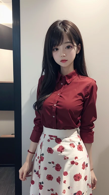 Large Breasts、Red hair、mirror、Selfie、Bobcut、Embarrassed face、uniform、Micro Mini Skirt、Flip up the skirt、panties、Spread your legs、Thighs